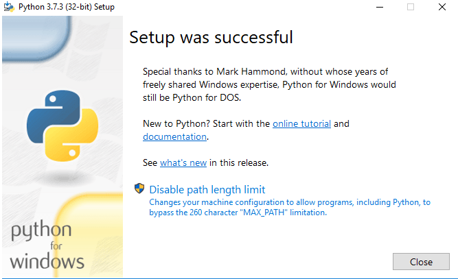 python installed successfully